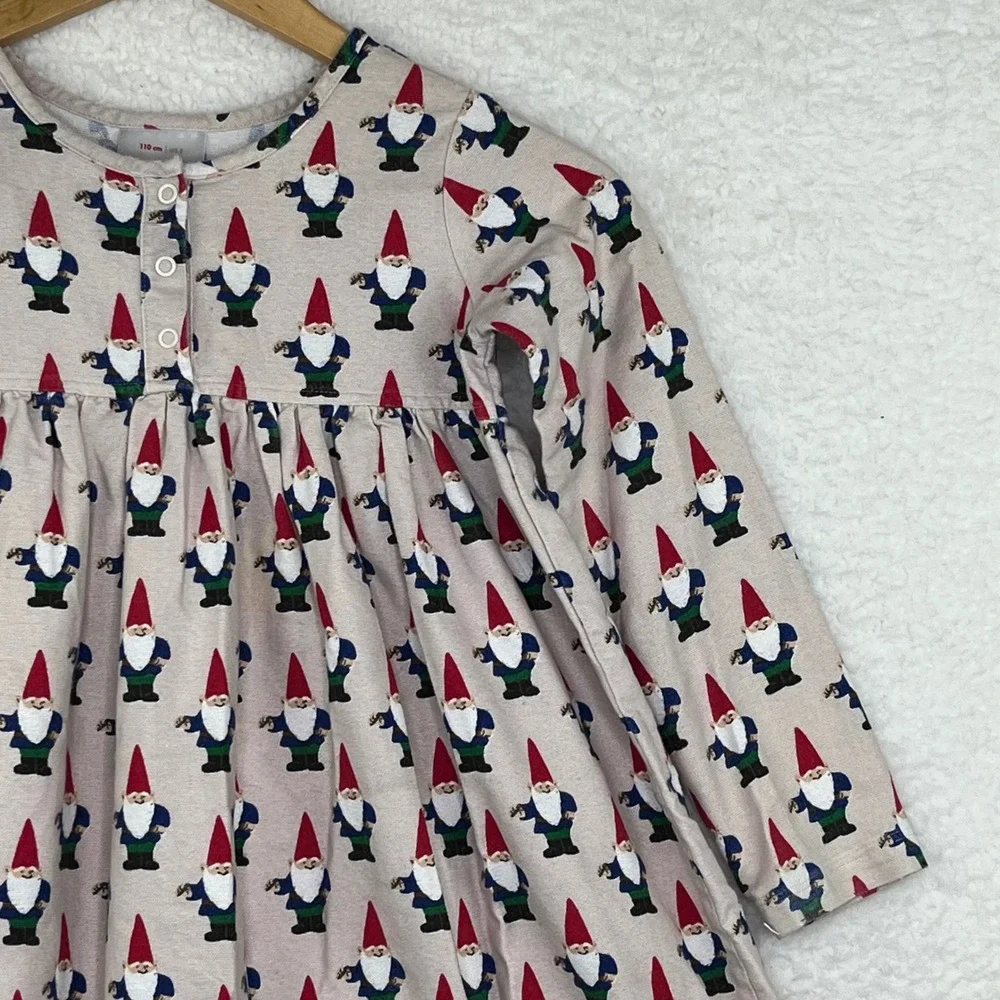 Hanna Andersson Kids Gnome Print Long Sleeve Ruffle Hem Dress Tan Size 110 US 5